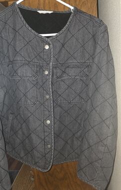 Denim Quilted Diamond Jacket, Gray & Black, Size L, Snap Front, Pockets.